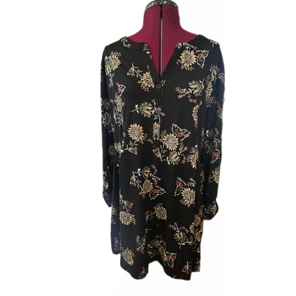 Style & Co. Black Floral Boho Tunic Shirt Dress Womens XL